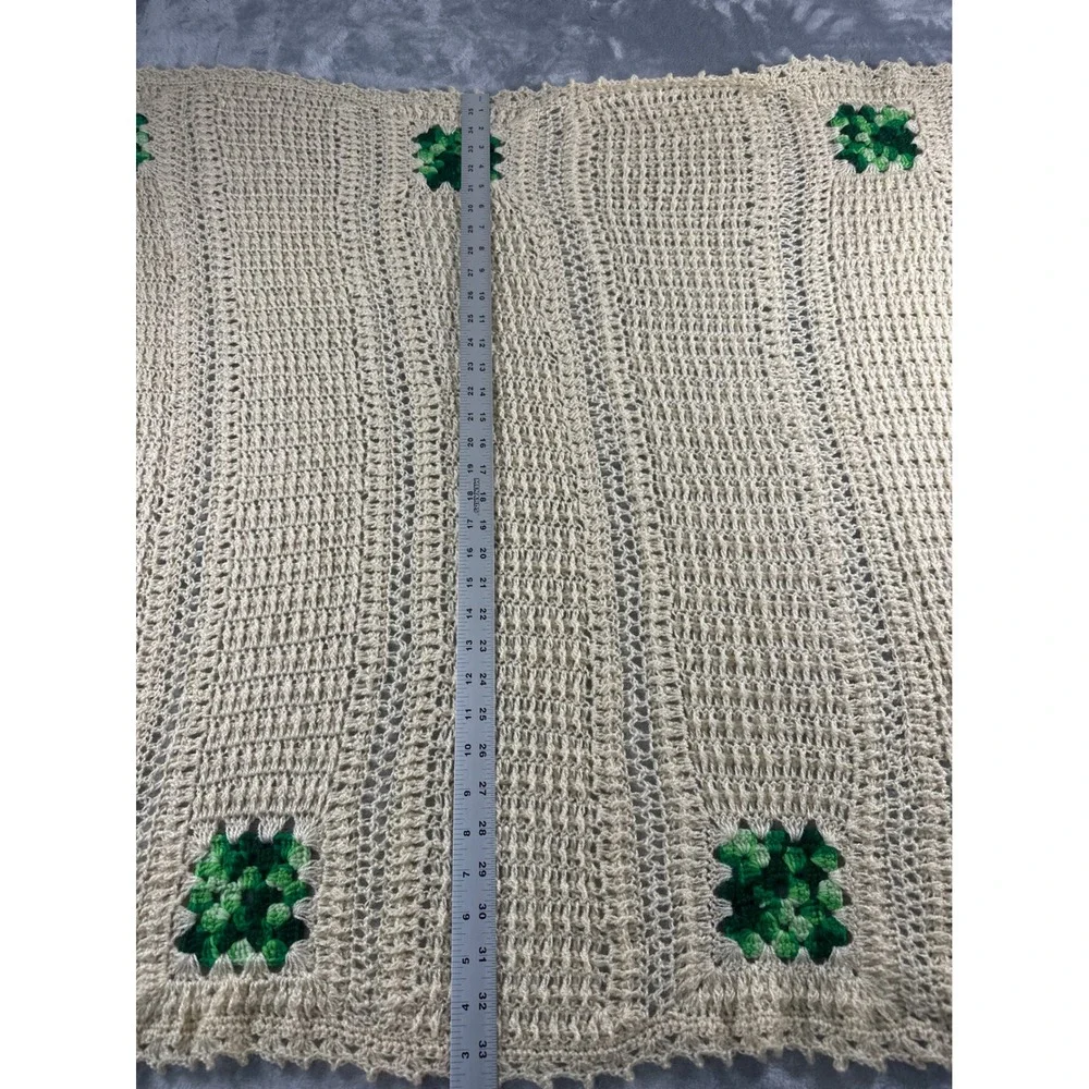 Handmade Crochet Blanket Cream‎ Green Granny Square Throw Cozy